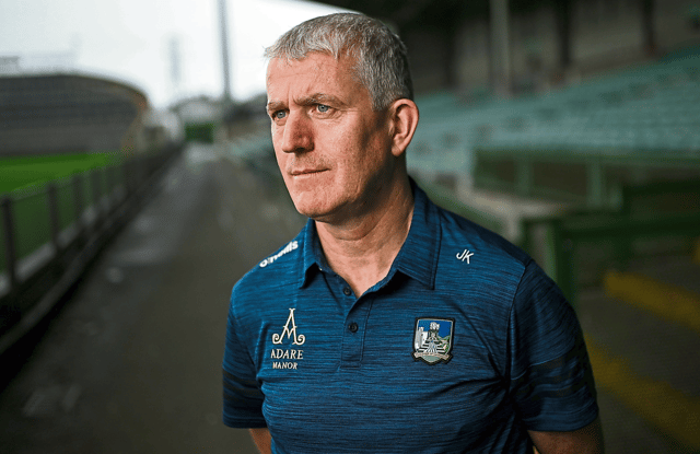 Manager John Kiely poses for a portrait at a Limerick media conference at the TUS Gaelic Grounds ahead of Sunday's big All-Ireland senior hurling final meeting with Kilkenny at Croke Park