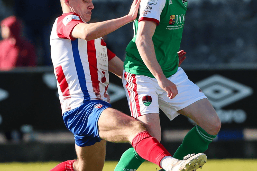 Treaty United's Dean George tackles Cork's Cian Murphy when the sides met at the Markets Field last season. PICTURE: Sportsfile