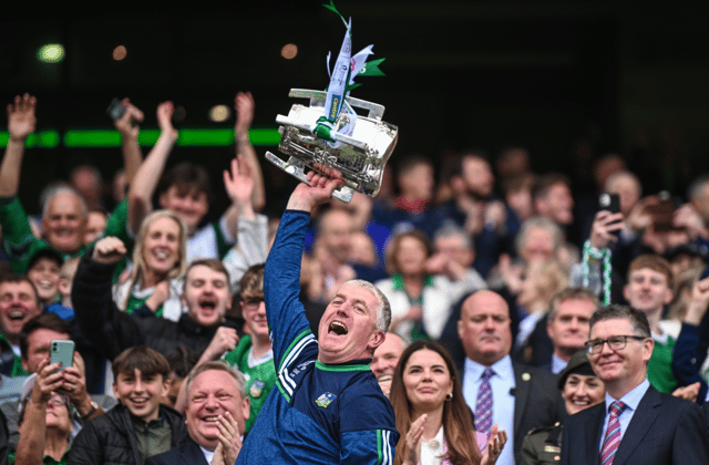 John Kiely celebrates by lifting the Liam MacCarthy Cup | PICTURE: Sportsfile