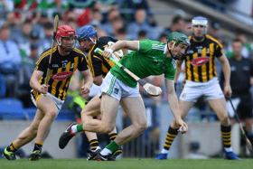 Limerick's  William O'Donoghue looks to get away from Kilkenny players, from left, Adrian Mullen, John Donnelly, and TJ Reid during the 2019 All-Ireland hurling semi-final