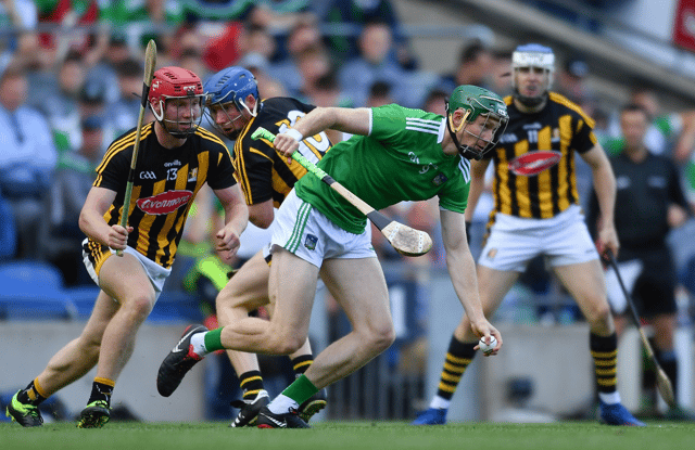Limerick's William O'Donoghue looks to get away from Kilkenny players, from left, Adrian Mullen, John Donnelly, and TJ Reid during the 2019 All-Ireland hurling semi-final