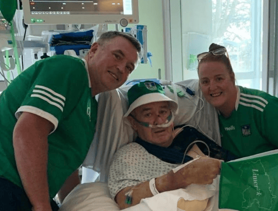 Michael O'Donoghue watching the semi-final from the ICU at UHL with his daughter Sharon and son-in-law Trevor
