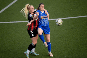 Ruth McDonnell, of Treaty United, in action against Beth Chalmers of Crusaders during the Avenir Sports All-Island Cup game at Seaview in Belfast last month