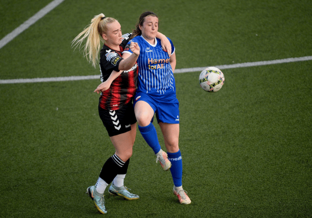 Ruth McDonnell, of Treaty United, in action against Beth Chalmers of Crusaders during the Avenir Sports All-Island Cup game at Seaview in Belfast last month