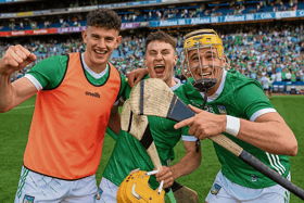 Limerick players Colin Coughlan, Adam English and Cathal O'Neill celebrate after their All-Ireland senior hurling semi-final win over Galway at Croke Park | PICTURE: Kieran Ryan-Benson