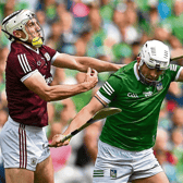 Limerick forward Aaron Gillane battles for possession against Daithí Burke, of Galway, during the 2022 All-Ireland hurling semi-final at Croke Park