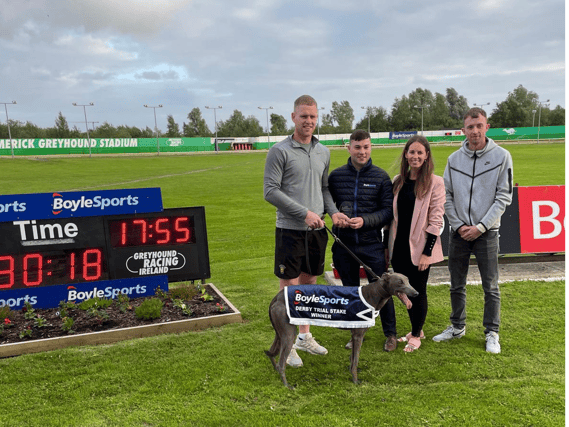 Bulletfromagun, winner of the BoyleSports Irish Greyhound Derby Trial Stake in Limerick Greyhound Stadium, on Saturday night