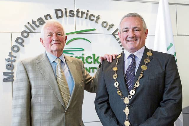 John Joe O'Dea, pictured with his son, the late Cllr Jerry O'Dea upon his election as metropolitan mayor in 2015 | PICTURE: DAVE GAYNOR