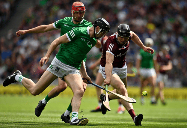 Limerick's Diarmaid Byrnes and Barry Nash in action against Galway's Joseph Cooney in the 2022 All-Ireland semi-final at Croke Park. PICTURE: Sportsfile