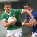 Limerick's Brian Donovan is tackled by Laois defender Robert Pigott during their Tailteann Cup quarter-final. PICTURE: Sportsfile