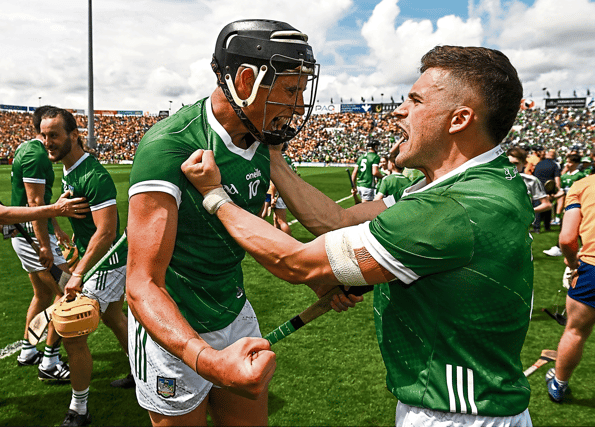 Limerick's Gearoid Hegarty celebrates with teammate Michael Casey after Sunday's Munster final at the TUS Gaelic Grounds