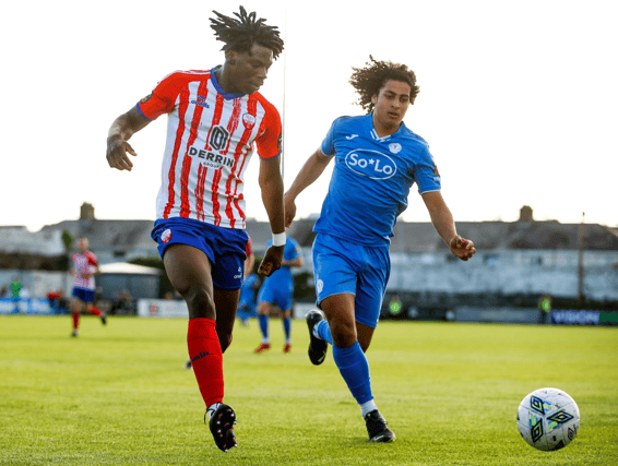 Treaty United's Darren Nwankwo in action against Filip Fjeldheim Da Silva, of Finn Harps, during the SSE Airtricity League First Division game at the Markets Field last month