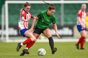 Ciara Griffin, of Treaty United, in action against Becky Watkins, of Peamount United, in their Women's Premier Division fixture at the Markets Field last month