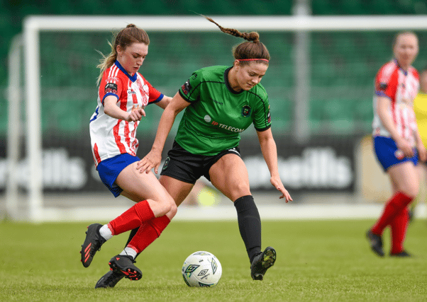 Ciara Griffin, of Treaty United, in action against Becky Watkins, of Peamount United, in their Women's Premier Division fixture at the Markets Field last month