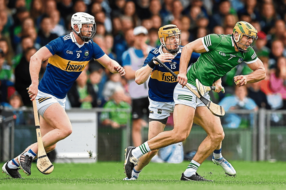 Dan Morrissey, of Limerick, looks to get past a tackle from Jake Morris, of Tipperary, during their  Munster senior hurling round robin fixture at the TUS Gaelic Grounds in May of last year