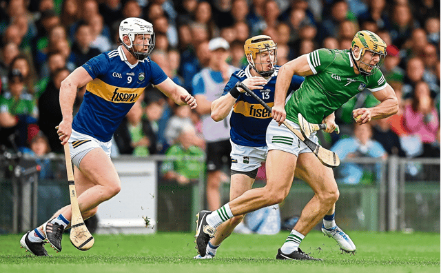Dan Morrissey, of Limerick, looks to get past a tackle from Jake Morris, of Tipperary, during their Munster senior hurling round robin fixture at the TUS Gaelic Grounds in May of last year