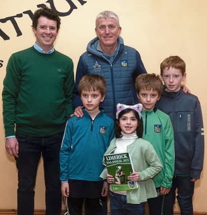 Paul Anglim with daughter Chiara, nephews Gavin, Seán and Danny Anglim and Limerick hurling manager John Kiely at the launch in Coolyroe of the Limerick GAA Annual 2023