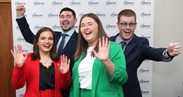 High five to new Macra president Elaine Houlihan with vice-presidents Aishling O’Keeffe, Patrick Jordan, Robert Lally