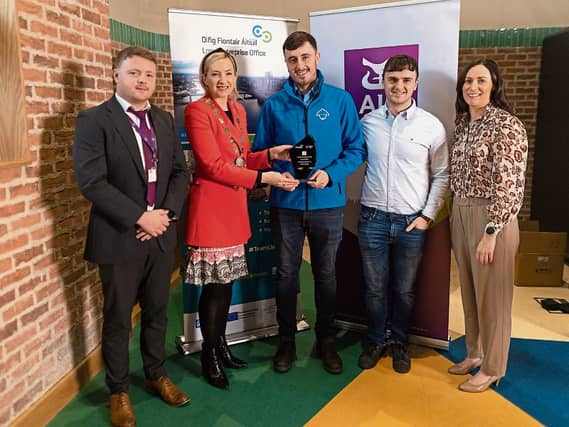 Photographed at the award presentation were Jack Garry AIB, Metropolitan district leader, Cllr Olivia O’Sullivan, Jack and Nick Cotter from Cotter Agritech, and Helen Ryan of LEO Limerick