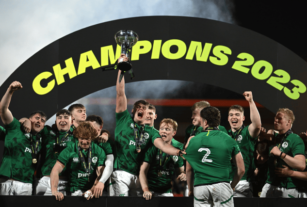 Munster's Brian Gleeson celebrates with teammates after Ireland's U20 Grand Slam win. PICTURE: Sportsfile