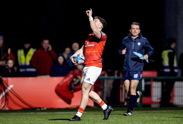 Full-back Patrick Campbell celebrates after scoring Munster Rugby's first try in their bonus point URC win over Scarlets at Thomond Park on Friday night