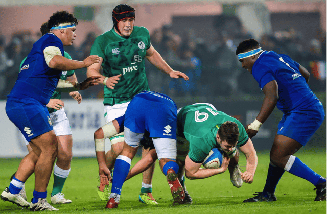 Limerick's Evan O'Connell makes a crucial carry for Ireland U20s during the U20 Six Nations fixture with Italy U20s in Treviso on Friday night