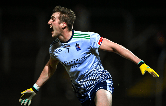Eoghan McLaughlin celebrates his goal in UL's win over DCU in the Sigerson Cup semi-final. PICTURE: Sportsfile
