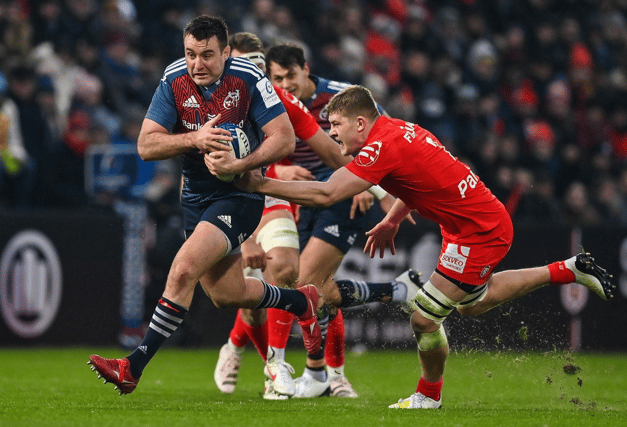 Munster Rugby's Niall Scannell is tackled by Jack Willis,of Toulouse, during the Heineken Champions Cup Pool B fixture at Stade Ernest Wallon on Sunday afternoon