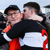 Newcastle West manager Jimmy Lee celebrates with Michael O'Keeffe after their Munster club SFC semi-final win over Clonmel Commercials at FBD Semple Stadium on Sunday