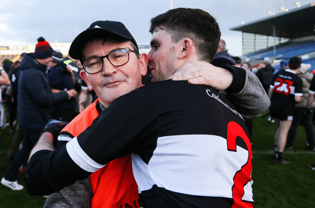 Newcastle West manager Jimmy Lee celebrates with Michael O'Keeffe after their Munster club SFC semi-final win over Clonmel Commercials at FBD Semple Stadium on Sunday