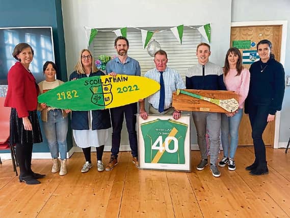 Micheál O’Shea pictured with Siobhán Kennedy, Claire Tierney, Vivienne Morris, Ivan O’Connor, Pa Ryan, Grace Ryan and Carolyn Cowman on his final day at Ahane NS