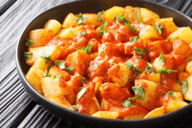 Patatas bravas comes from the Spanish for ‘spicy potatoes’