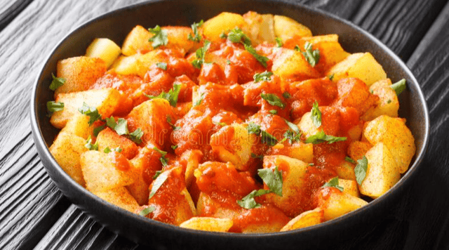 Patatas bravas comes from the Spanish for ‘spicy potatoes’