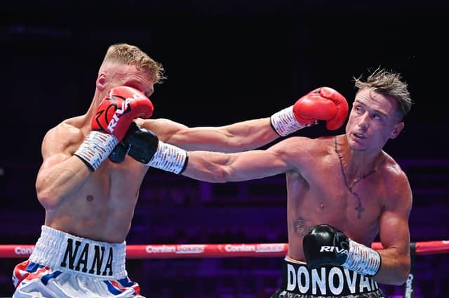 Paddy Donovan, right, and Tom Hill during their welterweight bout at SSE Arena in Belfast. PIC: Sportsfile