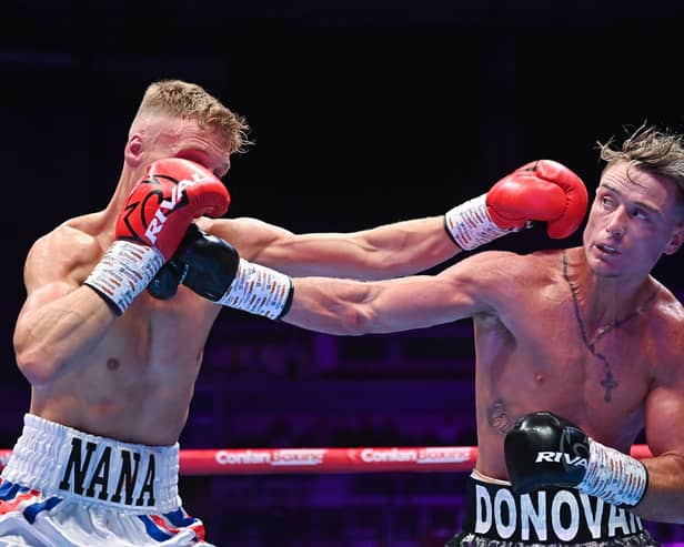 Paddy Donovan, right, and Tom Hill during their welterweight bout at SSE Arena in Belfast. PIC: Sportsfile
