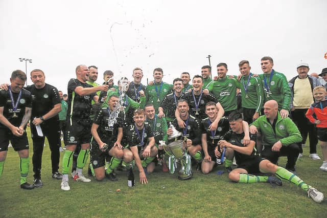 Pike Rovers celebrating their Premier Division league title success last June. The Crossagalla side host Ballynanty Rovers in the opening game of their title defence this Thursday.