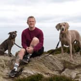 PJ Gallagher with his dogs Wendy and Stella at the launch of ‘Not Just a Dog’, a new campaign by Dogs Trust Ireland . Photo: ©Fran Veale