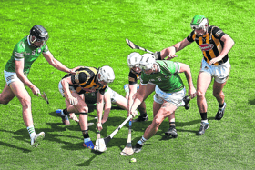 Gearóid Hegarty, left, and Kyle Hayes, of Limerick in action against Kilkenny players, left to right, Cian Kenny, Conor Browne, and Paddy Deegan during Sunday's All-Ireland senior hurling final