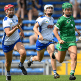 Limerick's Sarah O'Brien in action against Clodgh Carroll, left and Aoife Landers, of Waterford, during the Glen Dimplex All-Ireland senior camogie quarter-final at Semple Stadium on Saturday