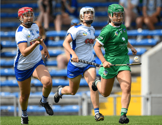 Limerick's Sarah O'Brien in action against Clodgh Carroll, left and Aoife Landers, of Waterford, during the Glen Dimplex All-Ireland senior camogie quarter-final at Semple Stadium on Saturday