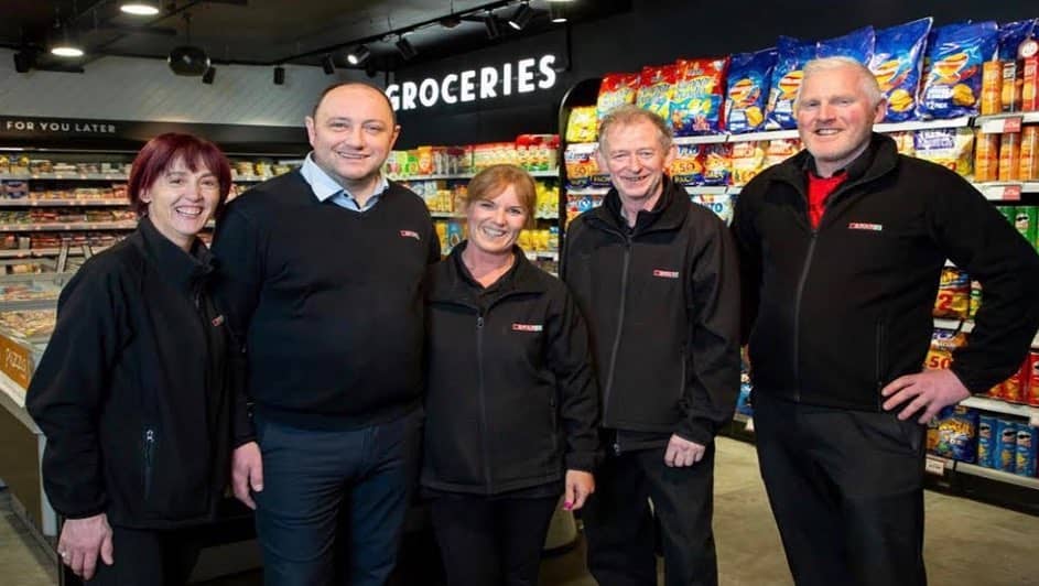 Celebrating their win, Broderick’s Spar staff Susan Shinners, Padraig Broderick, owner, Kym Moloney, Gerry McCarthy and store manager Mikey Mackessy