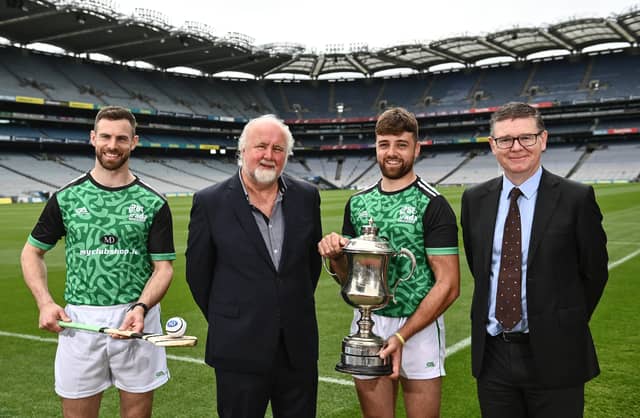 Antrim hurler Neil McManus, event sponsor Martin Donnelly, Poc Fada 2021 champion Colin Ryan of Limerick and Ard Stiúrthóir of the GAA Tom Ryan at the launch of the M. Donnelly GAA Poc Fada final