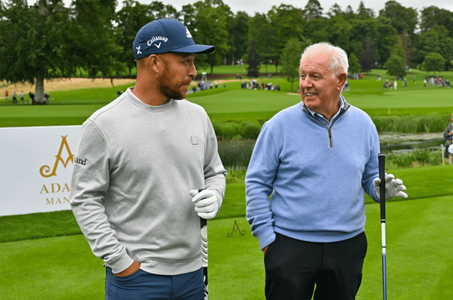 First round leader Xander Schauffele, left, with Gerry McIlroy, father of Rory, on the 10th tee during day one of the JP McManus Pro Am at Adare Manor