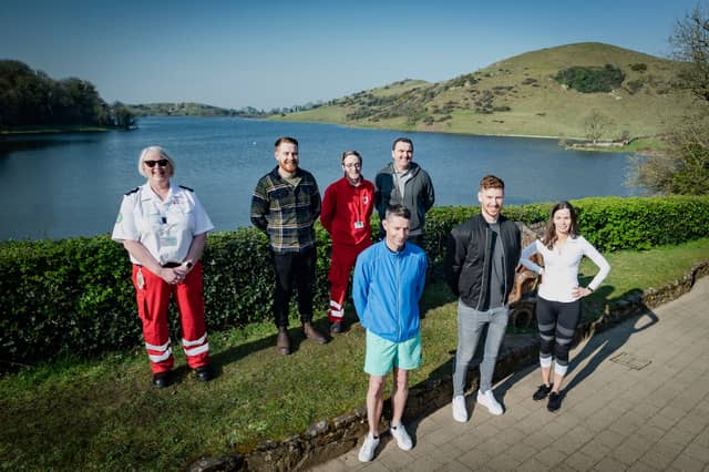 Members of the Lough Gur Solstice Challenge with the Red Cross members and Munster Rugby's Ben Healy | Picture: Keith Wiseman
