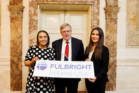 Fulbright awardees Eimear Millane and Eilís Ní Iarlaithe with Professor Eugene Wall