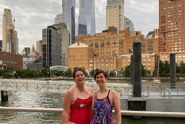 Swimsuited and booted: Rosie Foley and Andrea Newport