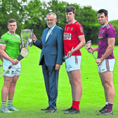 Uachtarán CLG Larry McCarthy and Limerick's Mike Casey with the Liam MacCarthy Cup and Cathal Malone, Clare, Lee Chin, Wexford, Richie Reid, Kilkenny, Robert Downey, Cork and Gearóid McInerney, Galway
