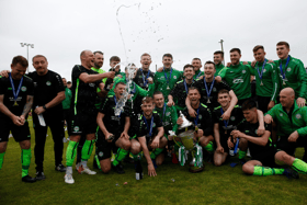 Pike Rovers players celebrate their LDL Premier Division play-off win over Fairview Rangers at the Fairgreen on Sunday Picture: Kieran Ryan-Benson