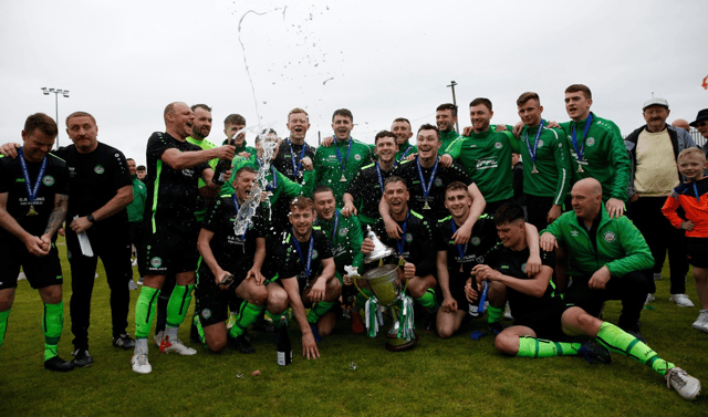 Pike Rovers players celebrate their LDL Premier Division play-off win over Fairview Rangers at the Fairgreen on Sunday Picture: Kieran Ryan-Benson