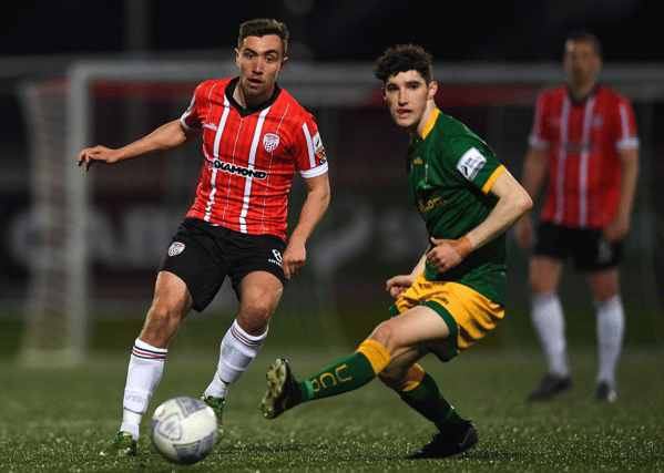 Limerick teenager John Ryan, right, in action for UCD against Joe Thomson, of Derry City, in their Premier Division fixture at The Ryan McBride Brandywell in April